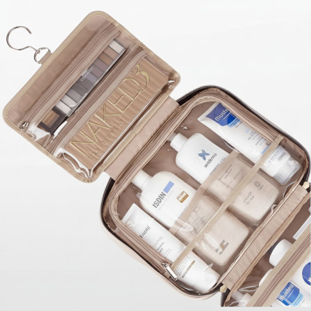 Open beige travel case with skincare products on a white background