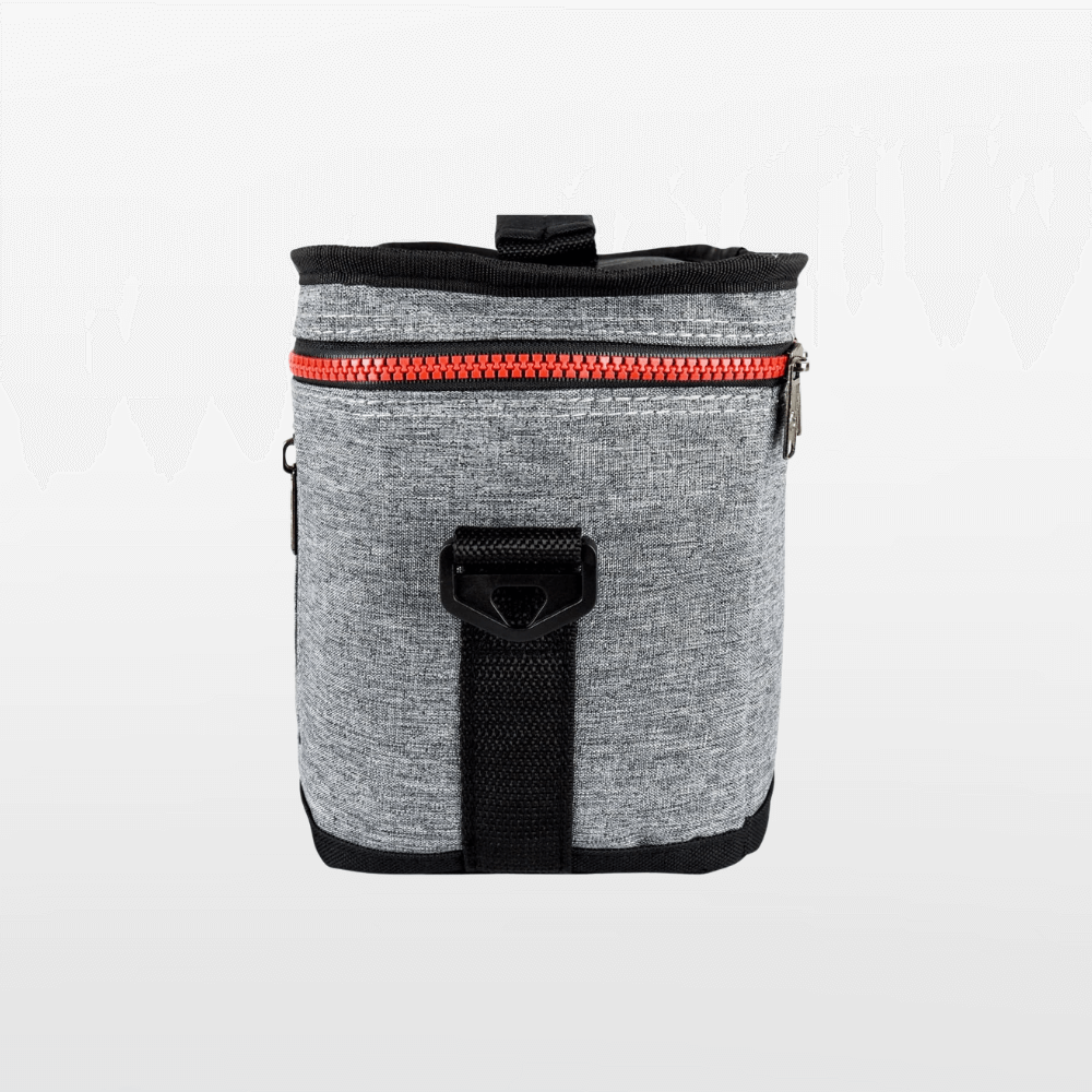 Gray and black bag with a red zipper on a white background