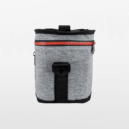 Gray and black bag with a red zipper on a white background