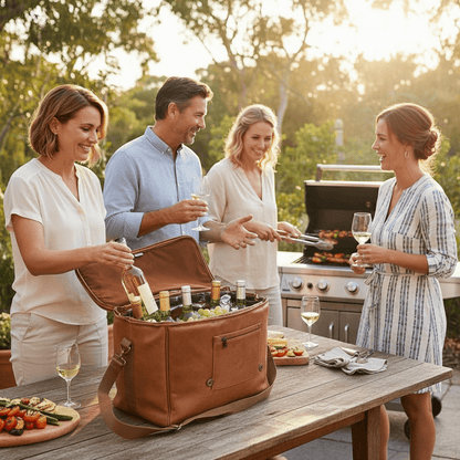 Group of people enjoying a barbecue outdoors with a leather picnic basket.
