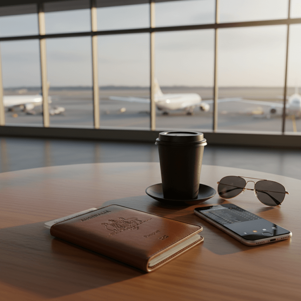 Coffee cup, sunglasses, phone, and wallet on a table with airport view