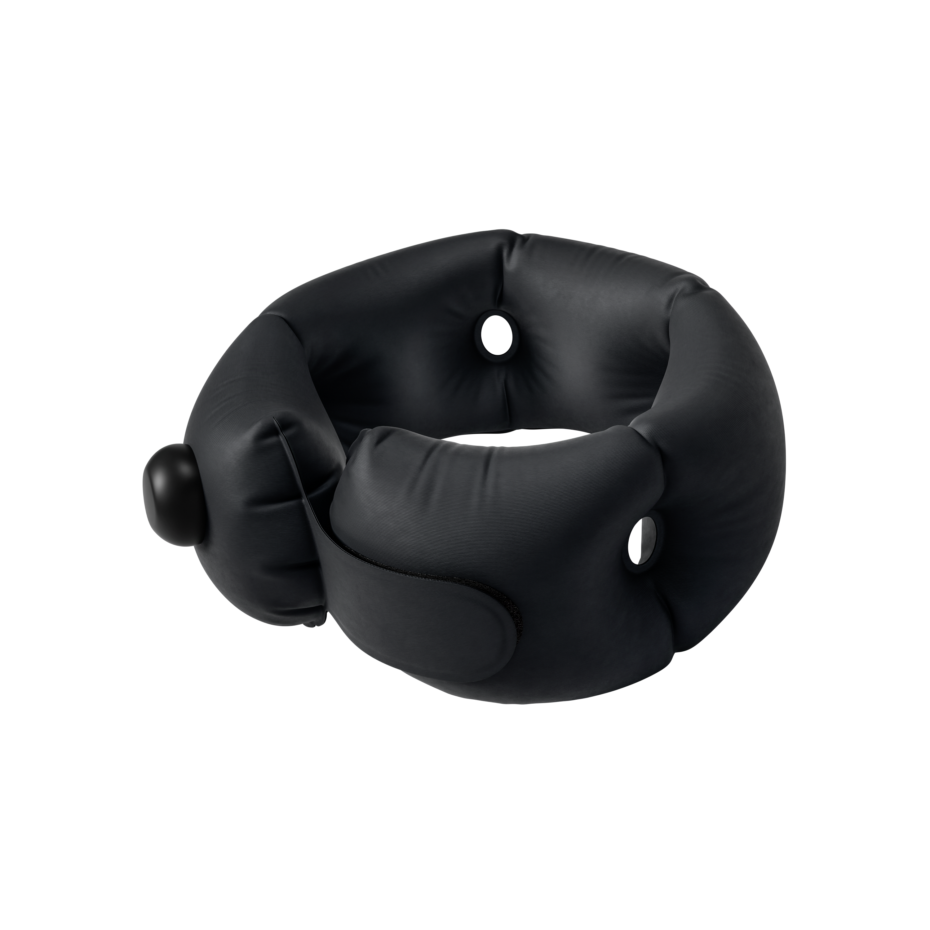 Black inflatable neck pillow on a white background