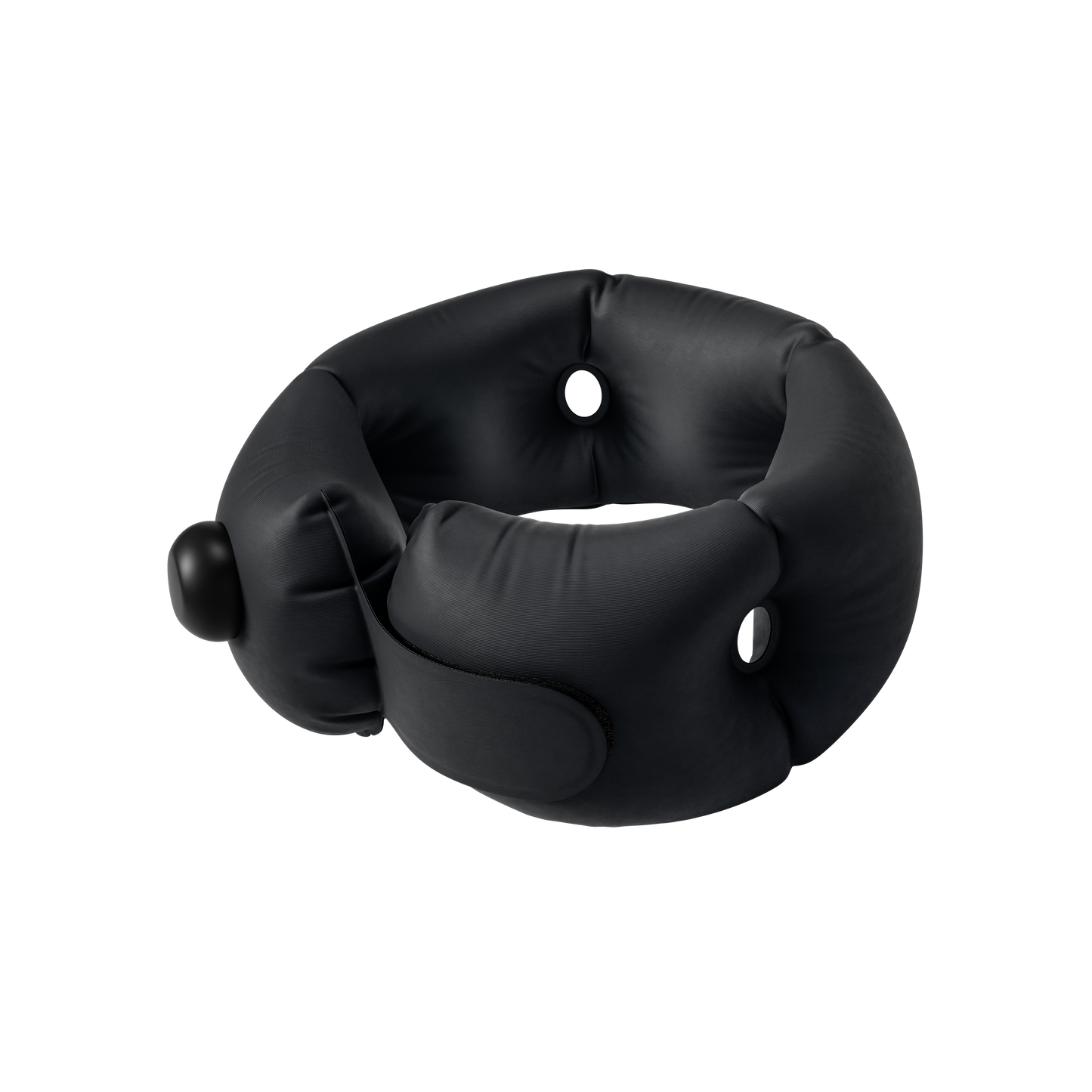 Black inflatable neck pillow on a white background