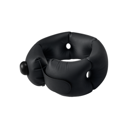 Black inflatable neck pillow on a white background