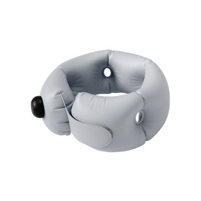 Gray inflatable travel neck pillow on a white background