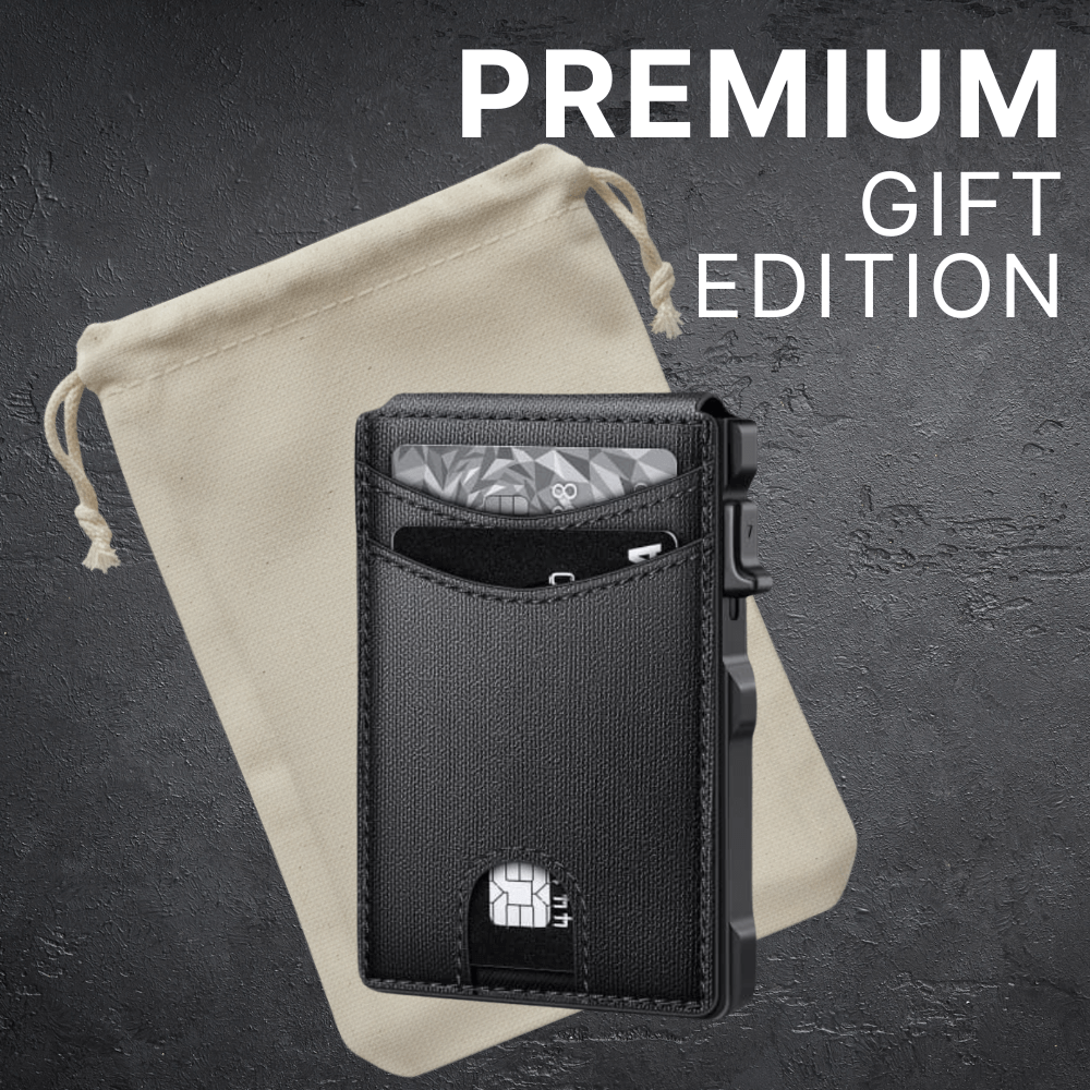Black cardholder with cards on a beige drawstring bag against a dark background, labeled 'Premium Gift Edition'.