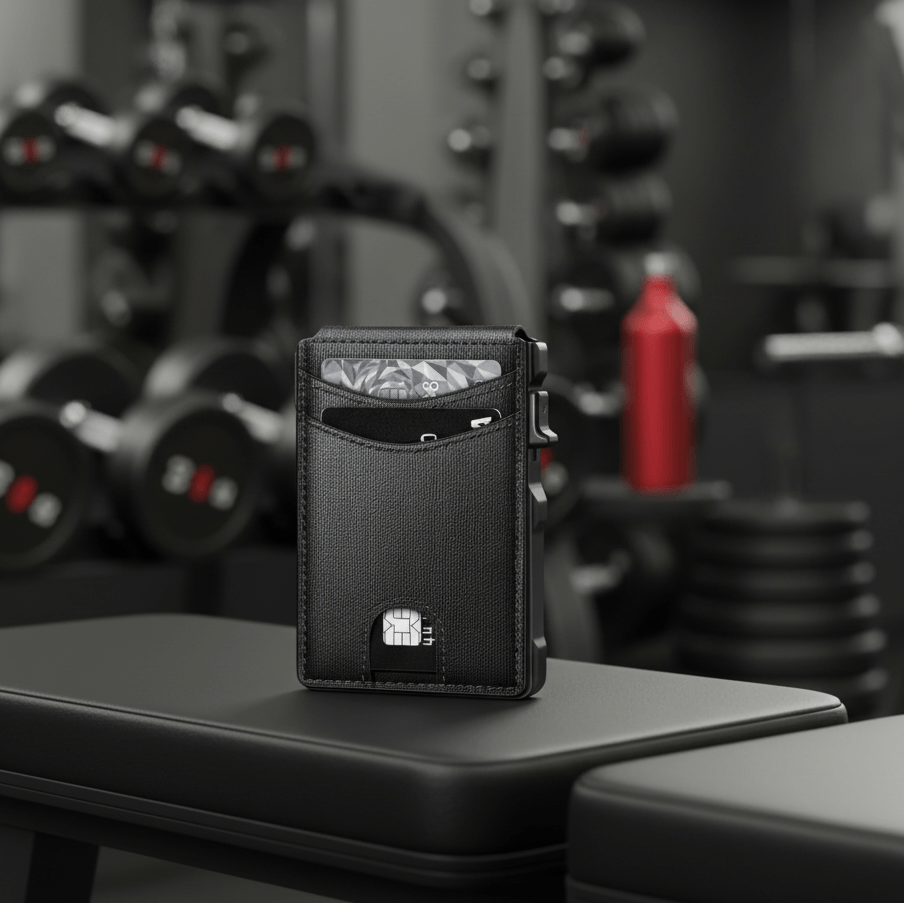 Black wallet on a gym bench with weights and gym equipment in the background