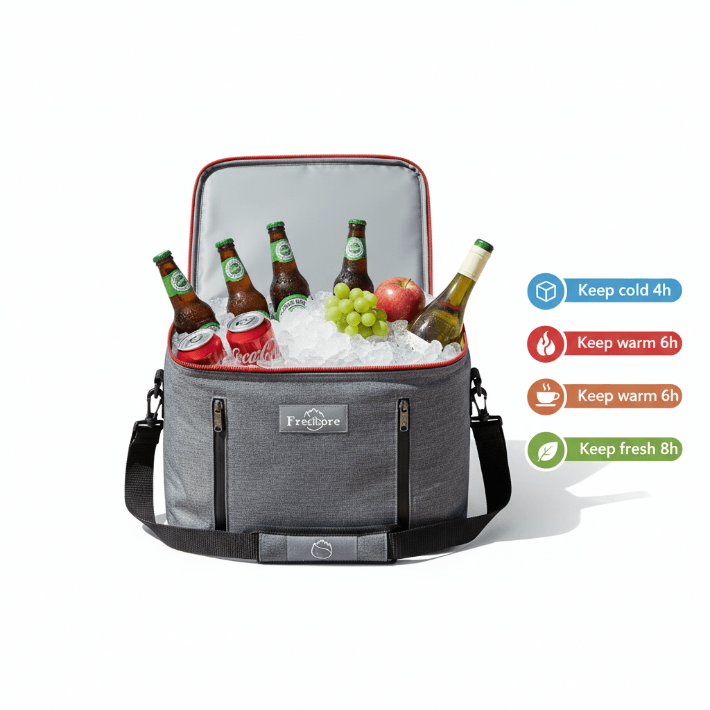 Gray cooler bag with drinks and ice, featuring Freshpre branding on a white background.
