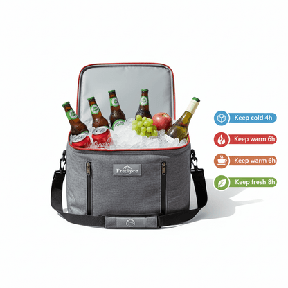 Gray cooler bag with drinks and ice, featuring Freshpre branding on a white background.