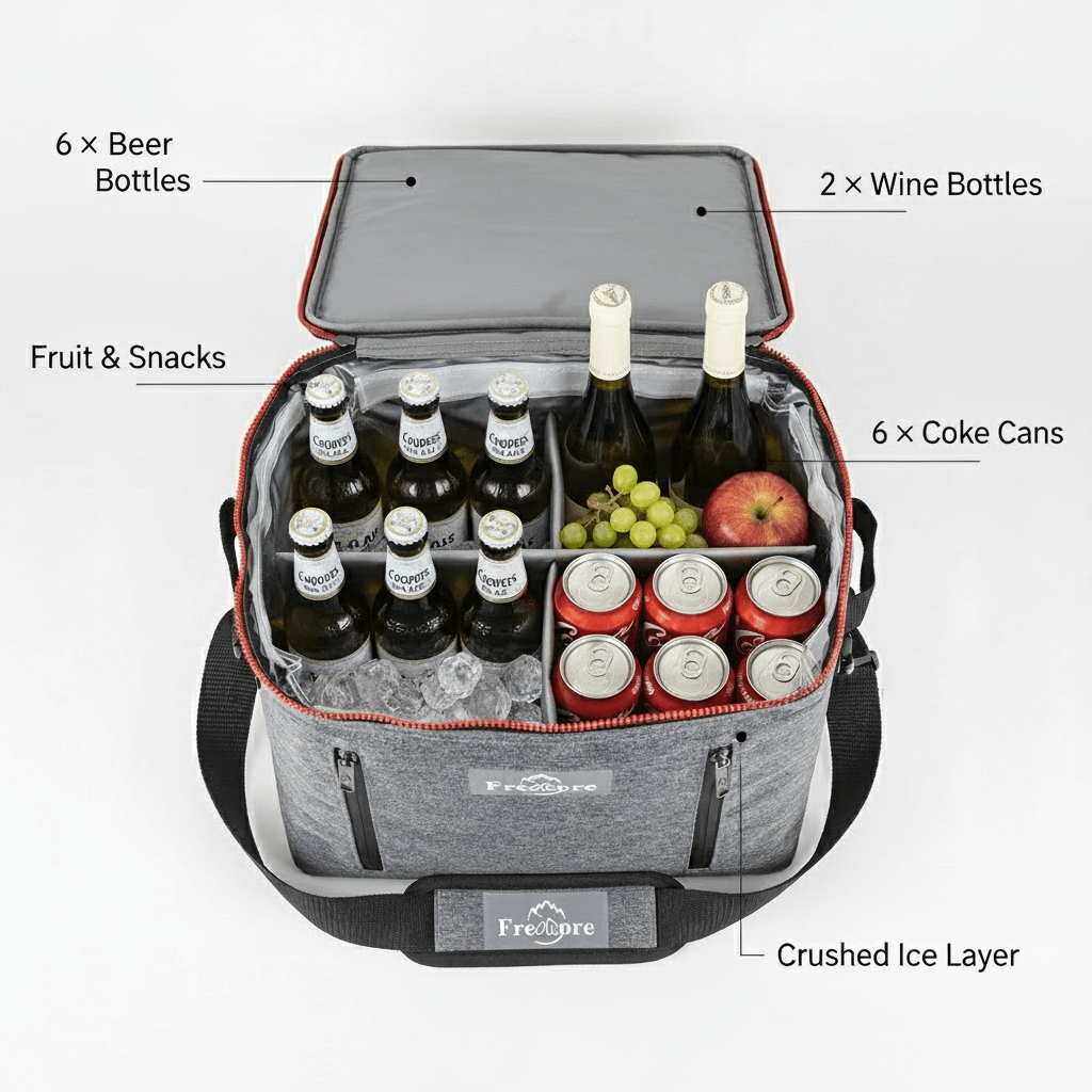 Gray cooler bag with labeled compartments for beer bottles, wine bottles, Coke cans, fruit, and snacks on a white background.