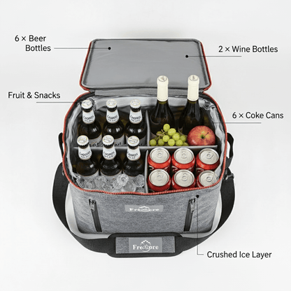 Gray cooler bag with labeled compartments for beer bottles, wine bottles, Coke cans, fruit, and snacks on a white background.