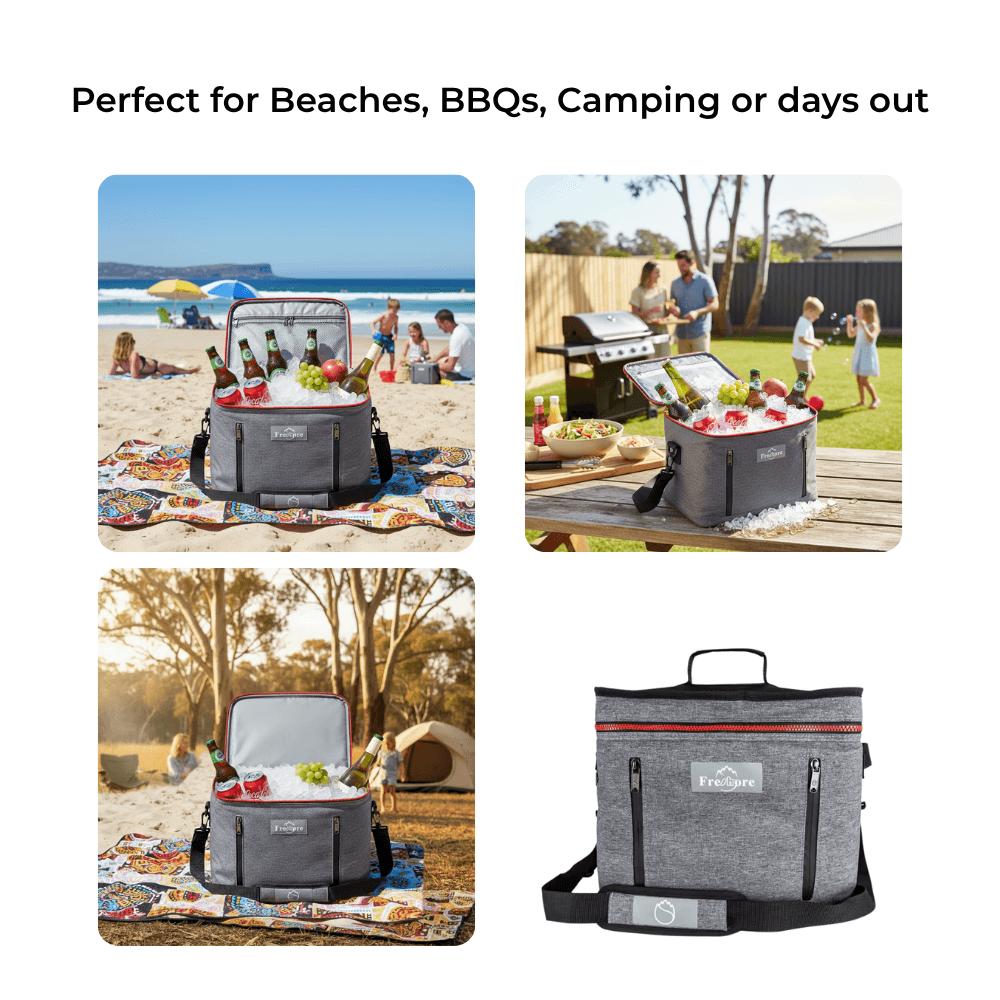 Collage of a portable cooler bag used at beaches, BBQs, and camping sites with text indicating its versatility.