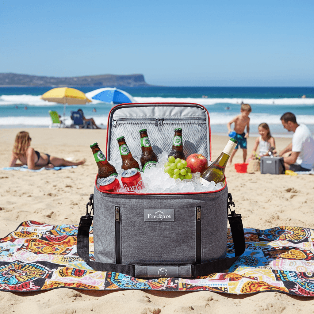 Gray cooler bag with drinks on a beach with people in the background