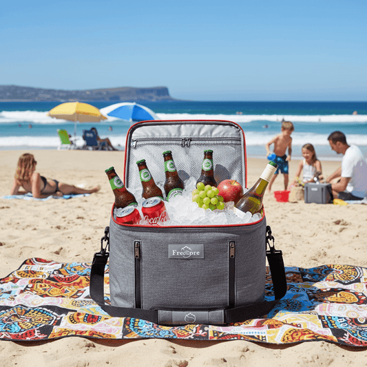 Gray cooler bag with drinks on a beach with people in the background