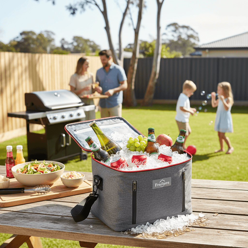Portable cooler bag with drinks on a picnic table in a backyard setting