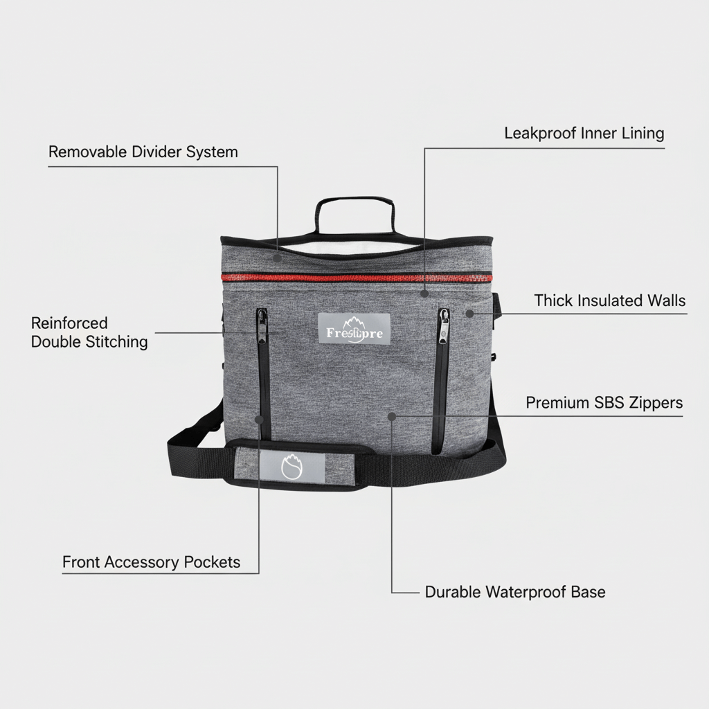 Gray cooler bag with features listed on a white background