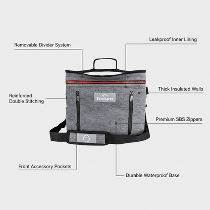 Gray cooler bag with features listed on a white background