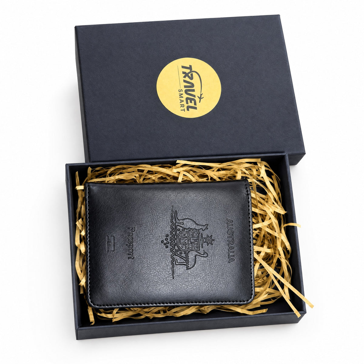 Black RFID passport wallet in TravelSmart gift box