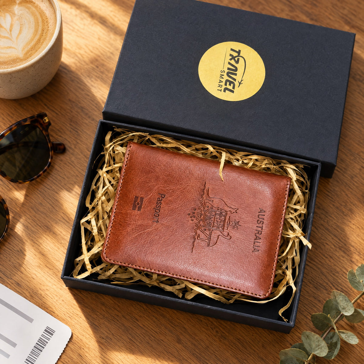 Brown RFID passport wallet in TravelSmart gift box