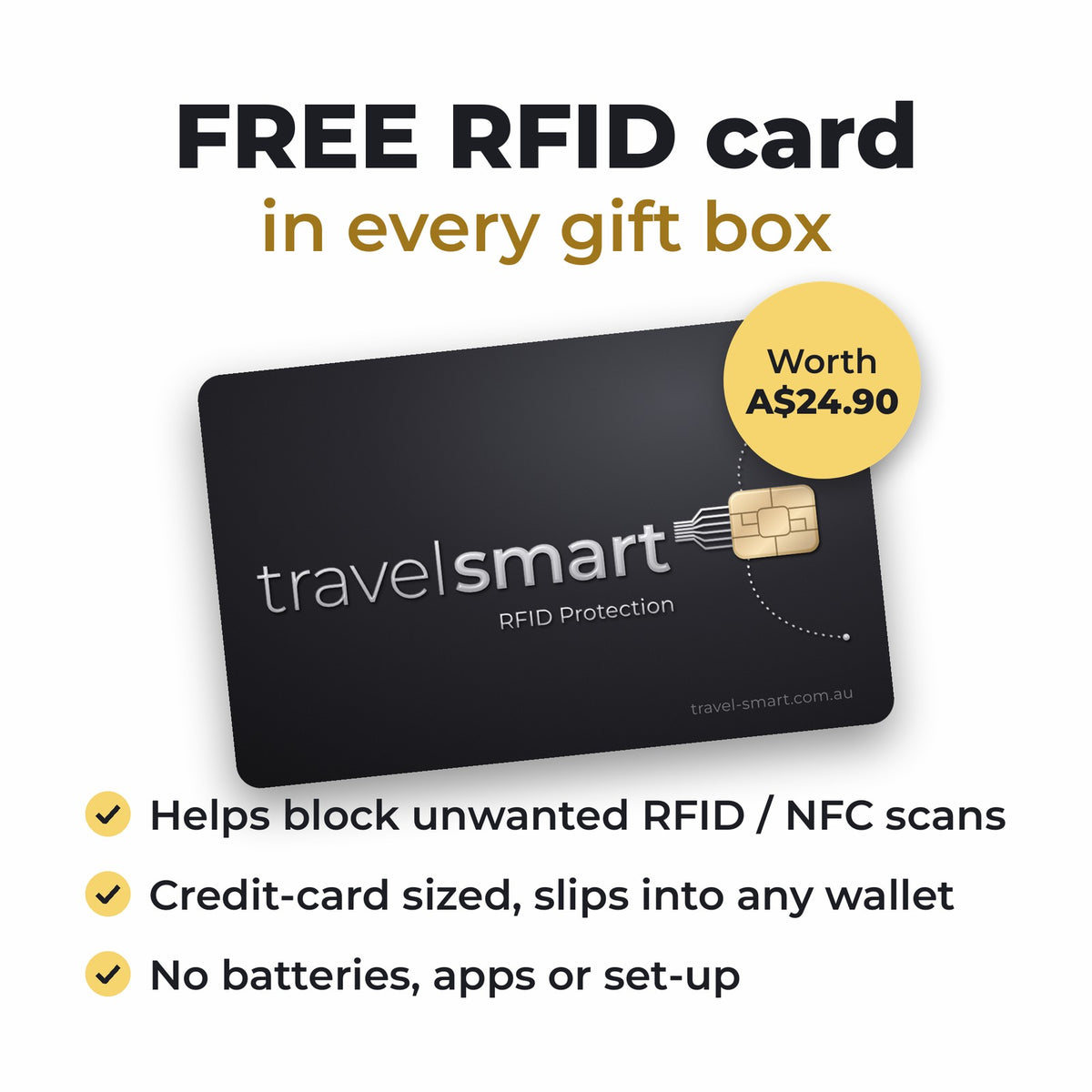Free TravelSmart RFID card in every gift box, worth A$24.90