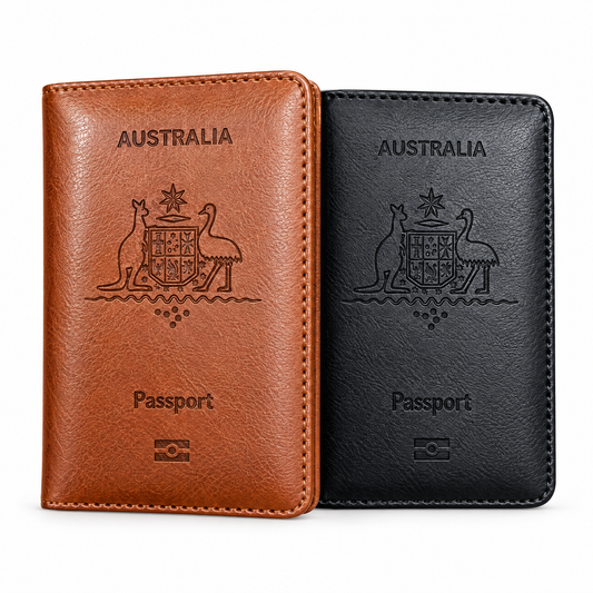 TravelSmart RFID passport wallet in brown and black, embossed with the Australian Great Seal, front view