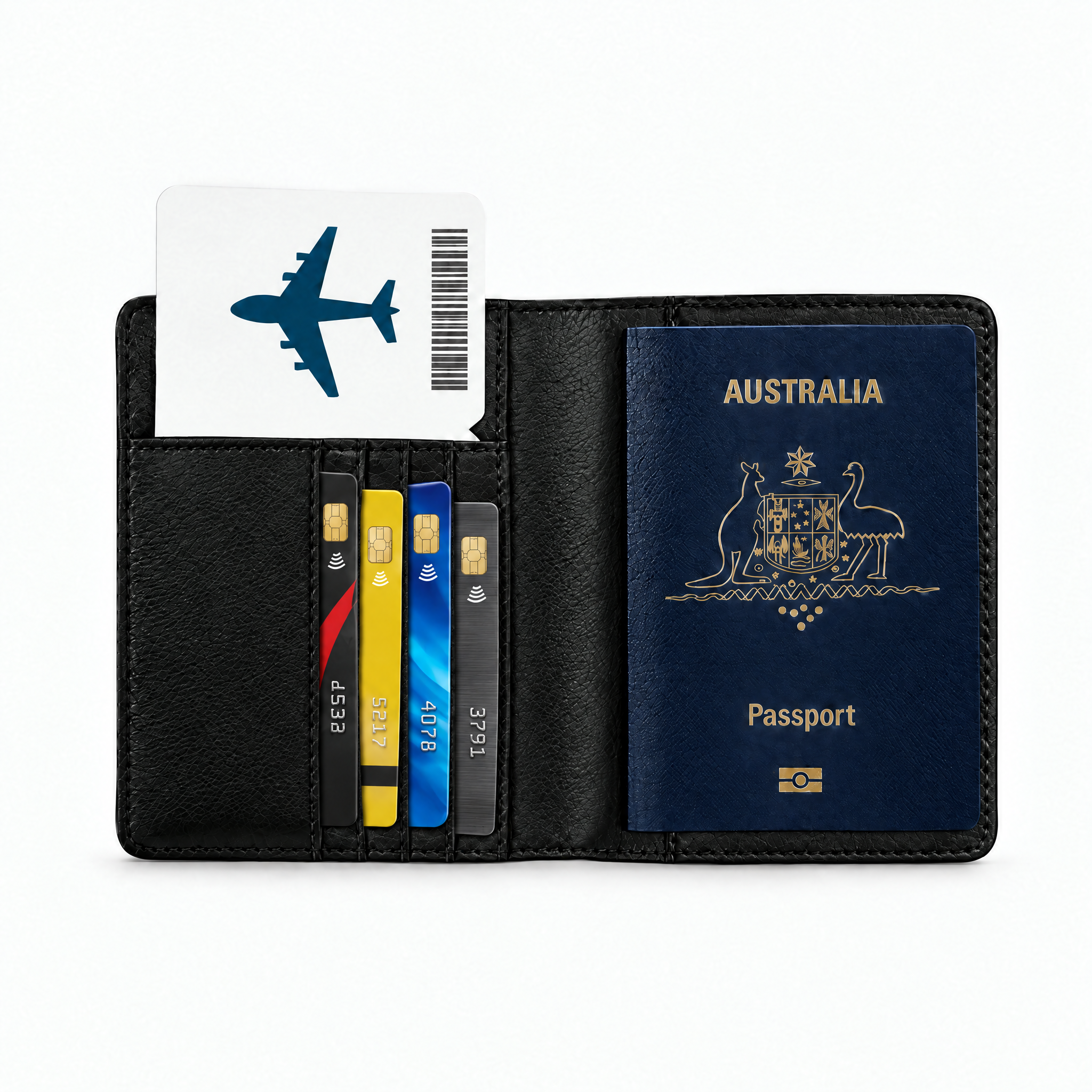 TravelSmart RFID passport wallet in black, open with passport, cards and boarding pass