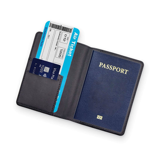 Black TravelSmart Slim RFID Passport Wallet open with passport, boarding pass and card