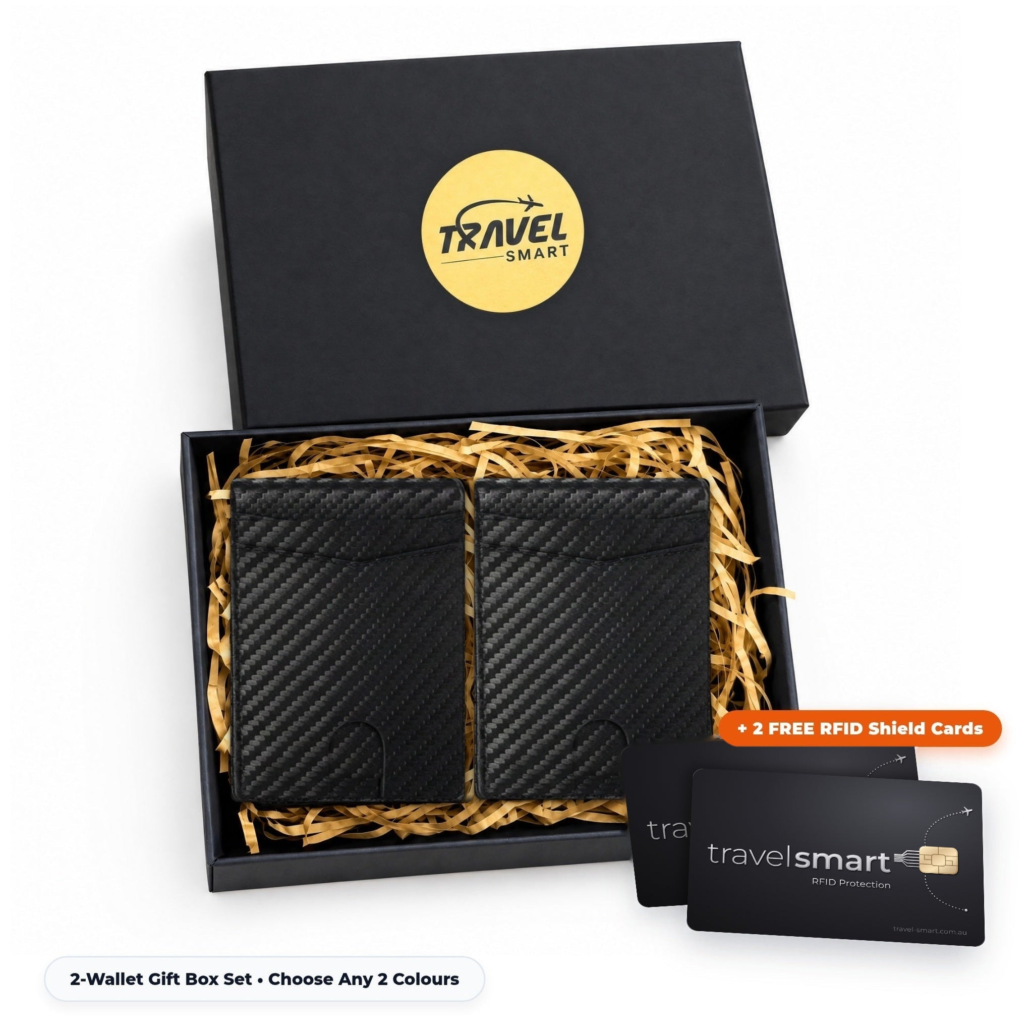 2 TravelSmart Slimline RFID Wallets in Carbon Fibre Black in the TravelSmart gift box with 2 free RFID cards