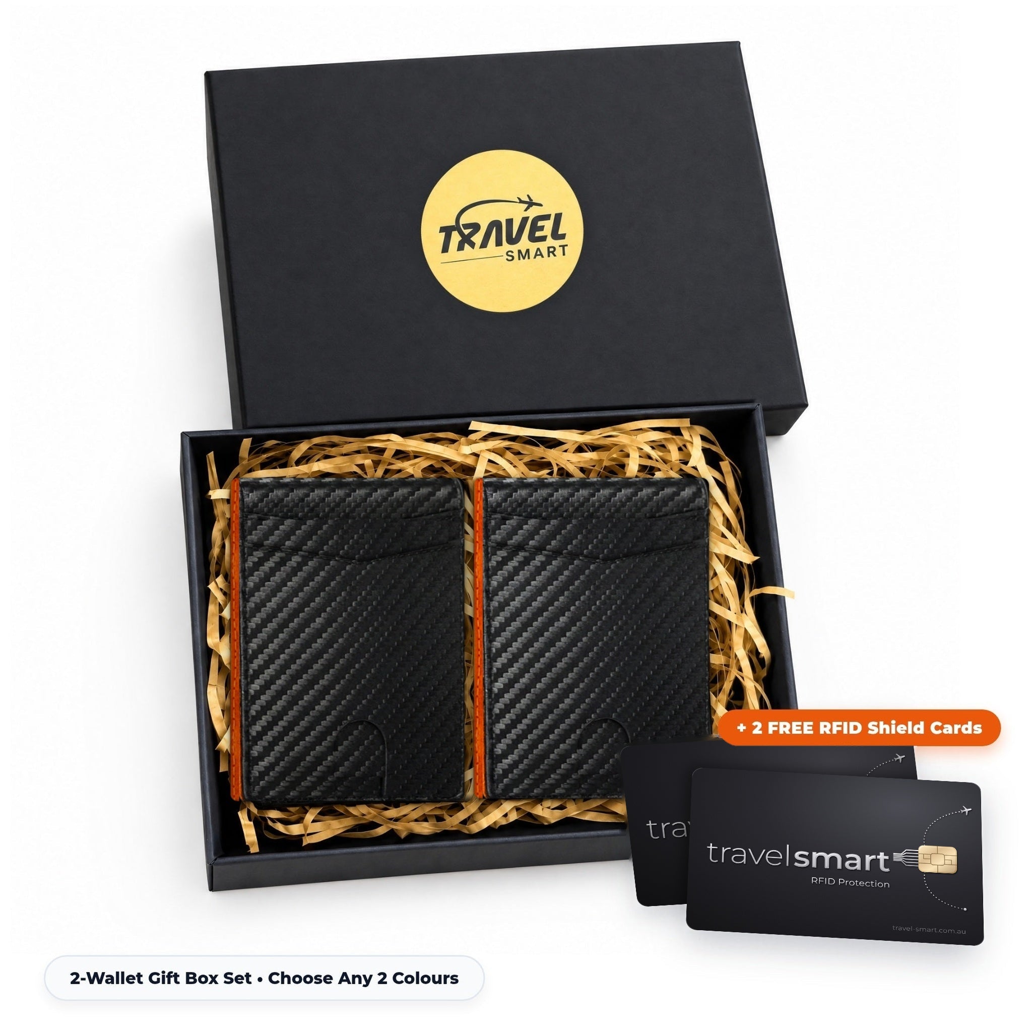2 TravelSmart Slimline RFID Wallets in Orange Carbon in the TravelSmart gift box with 2 free RFID cards