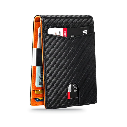 TravelSmart Slimline RFID Wallet in Orange Carbon – slim carbon-fibre bifold with orange interior and front quick-access slot