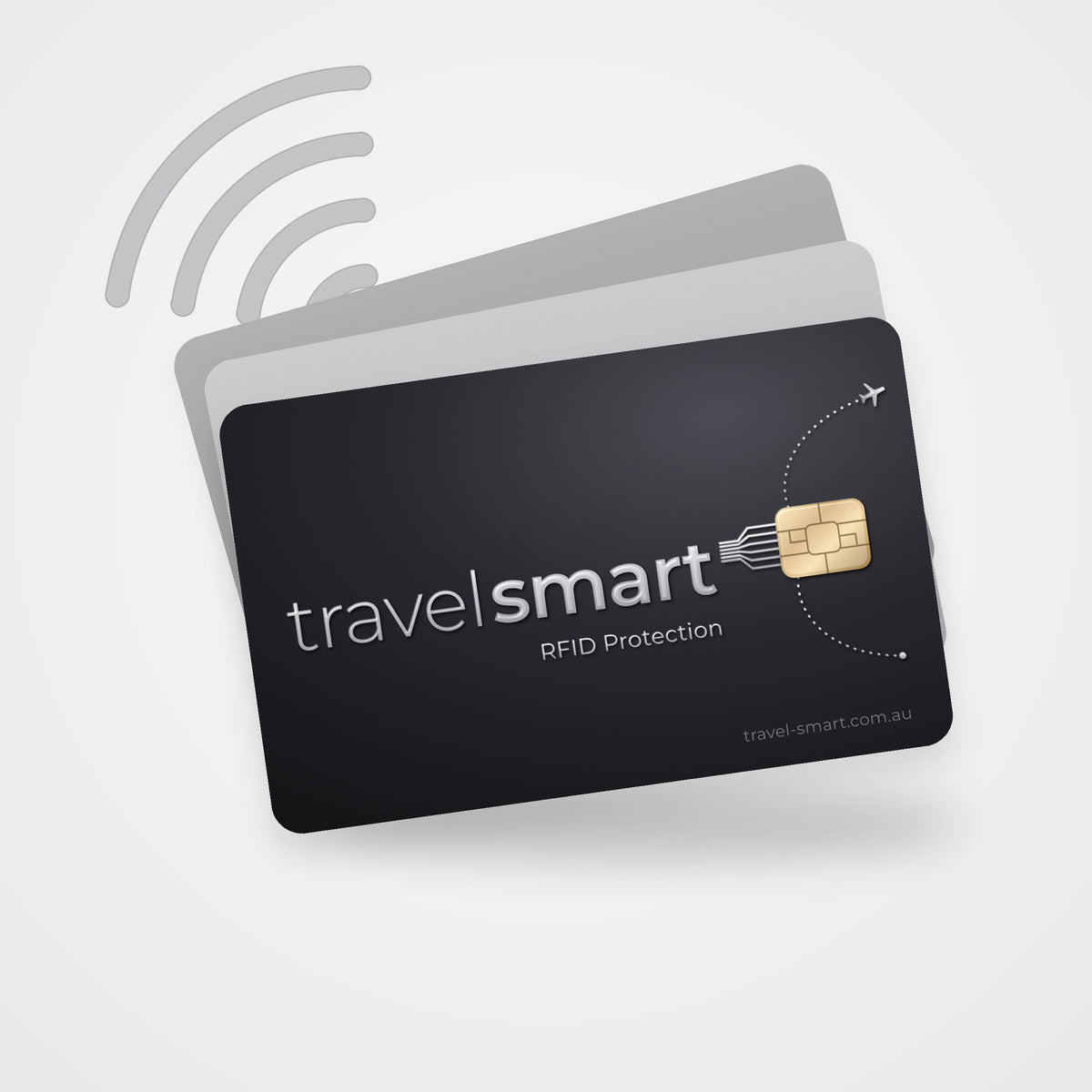 TravelSmart black RFID Shield Card in front of two plain cards with signal arcs